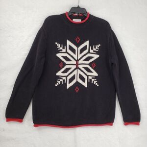 Vintage Jones New York Sweater Women Large Black Nordic Snowflake 100% Cotton